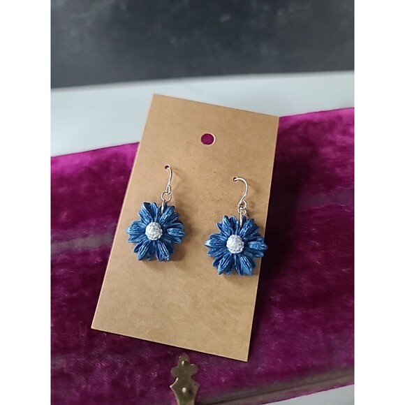 Polymer Clay Blue And Silver Floral Dangling Pierced Earrings New - Picture 2 of 10